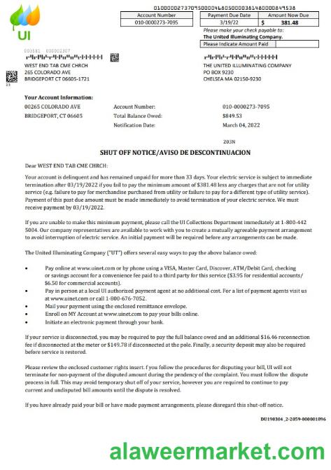 USA Massachusetts Chelsea The United Illuminating Company utility bill shutoff notice, Word and PDF template